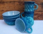 Fire King Kimberly - Breakfast Set for Three, Turquoise Stacking Mugs and Cereal Bowls