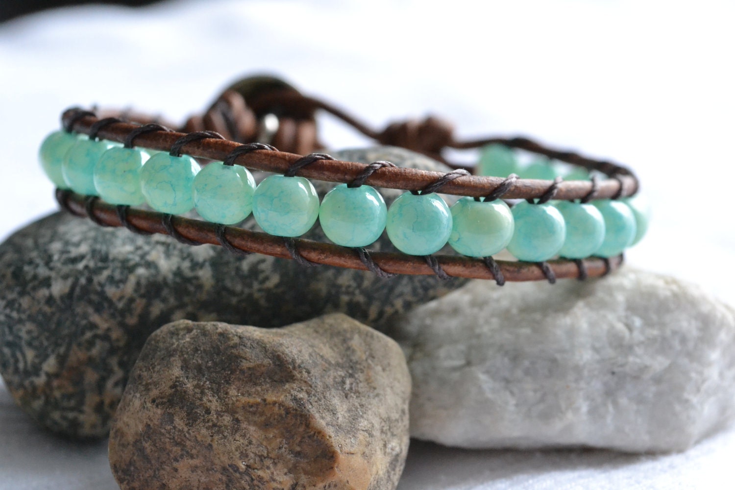 Beachy single wrap leather bracelet "Aqua", shabby chic bohemian bracelet