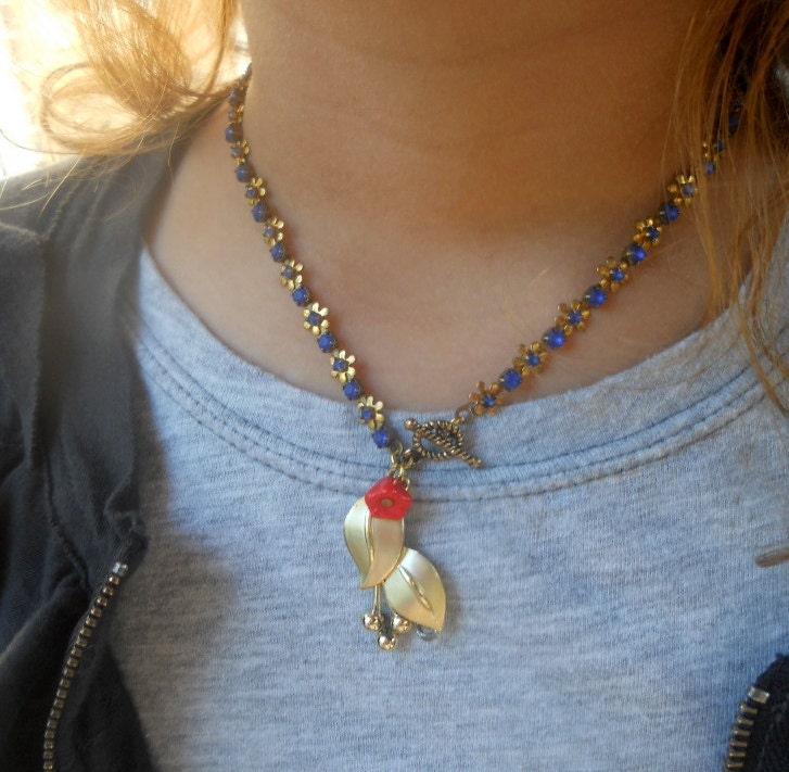 Little Girls Fourth of July Necklace Red, White & Blue Rhinestone, Patriotic Vintage Red Flower and Gold Leaf Necklace - Blue Bell