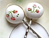 Vintage Flower Hair Pins Cute Bobby Pins White & Pink Hand Painted Flower Girl Jewelry - Rosy Posy Pins