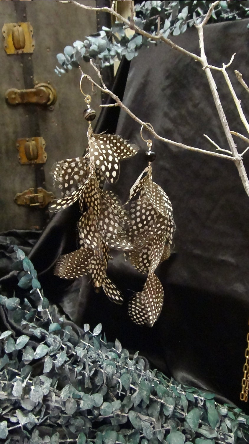 Onyx, Spinel and Jasper Guinea Feather Earrings
