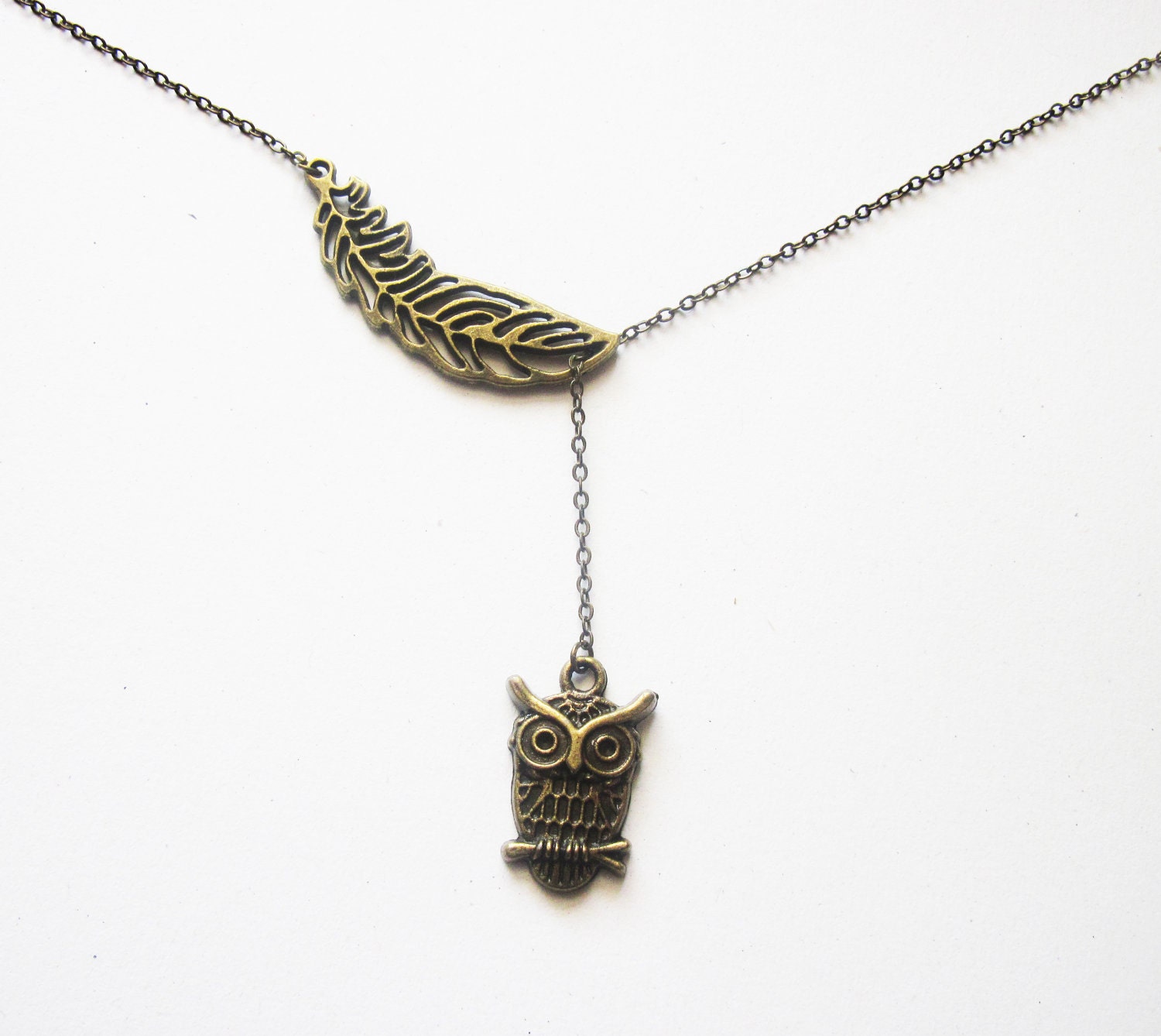 Brass Owl Necklace, Feather Necklace, Animal Necklace, Owl Jewelry Necklace, Angel Wing Pendant, Owl Charm Necklace