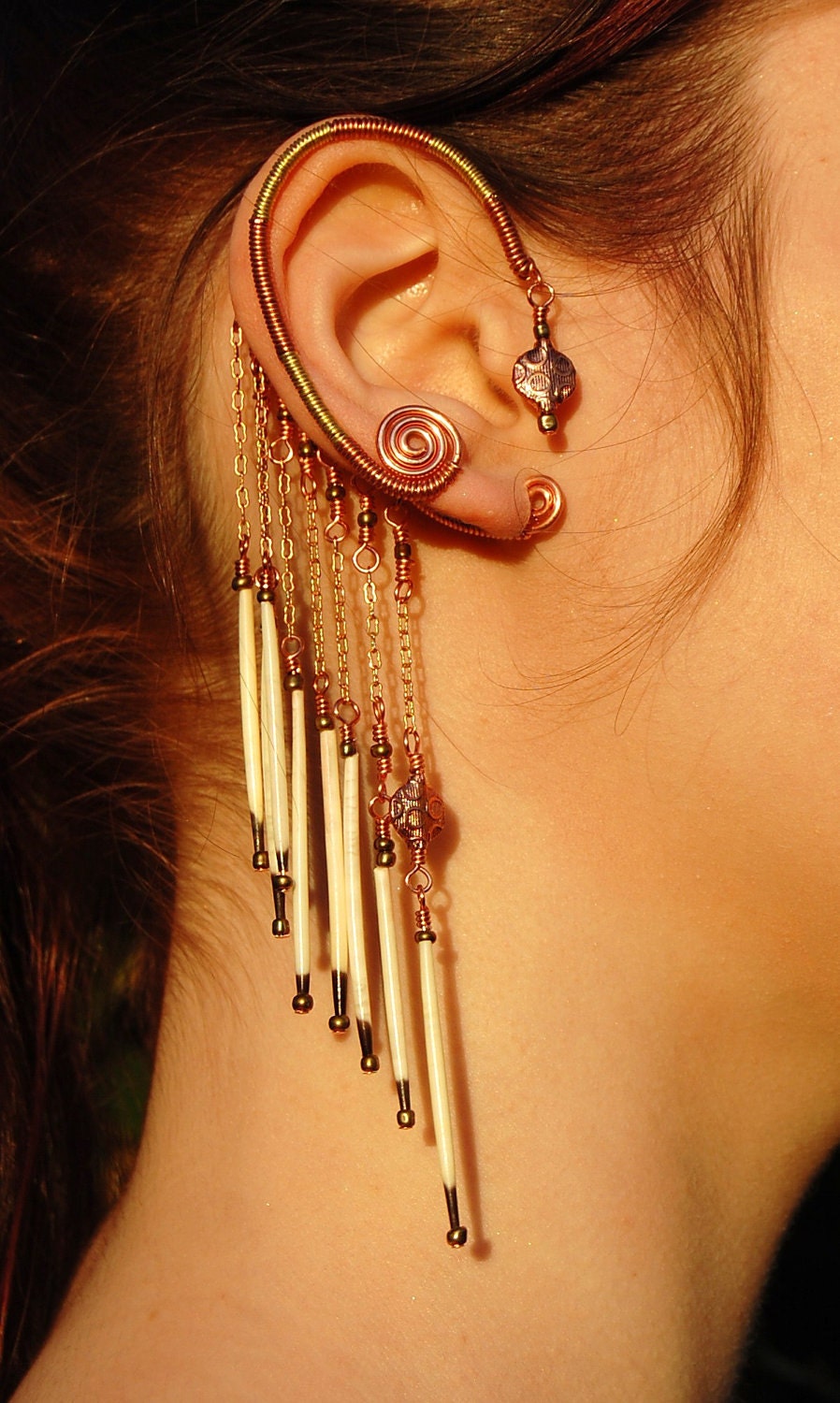 Tribal Ear Wrap with Porcupine Quill Dangles--Single--No Piercings Necessary