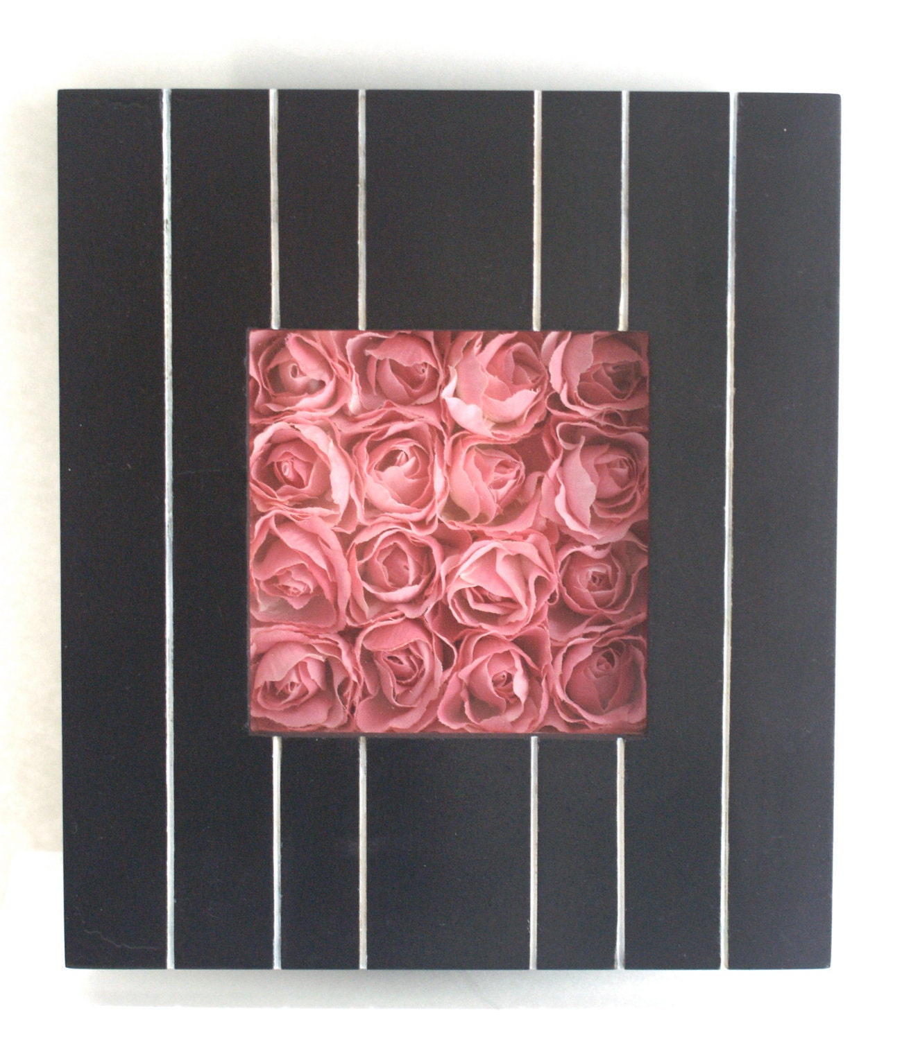 Pink Roses in Black and White Striped Shadowbox, "Up-cycled" Wooden