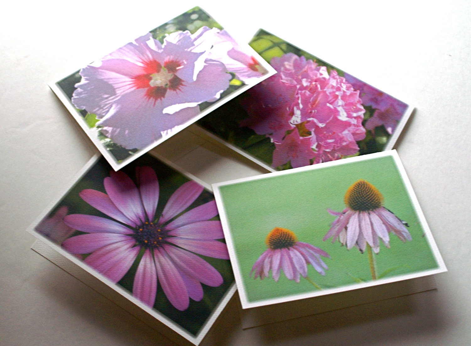 Flower Note Cards, Set of Four Original Photo Cards with Different Pink and Purple Flowers