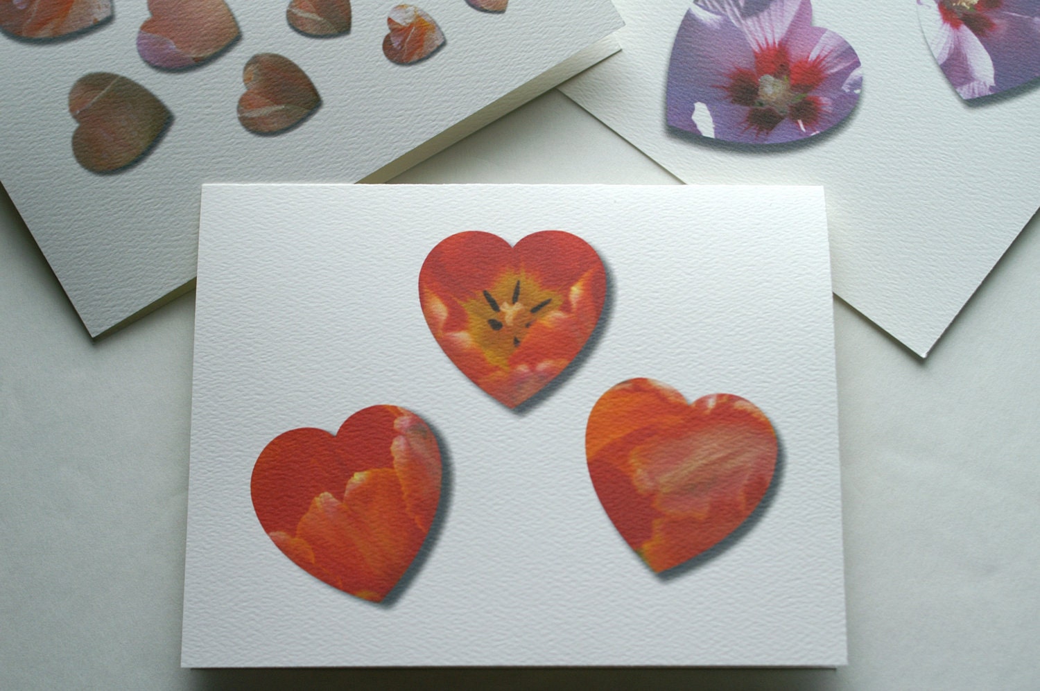 Heart Note Cards, Set of Three Original Photo Flower Heart Cards and Envelopes