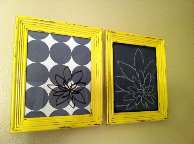 Yellow and Gray Dry Erase message board. Dwell Studio Dotscape fabric.  Shabby Chic Distressed Memo or Note Board Custom 11x13