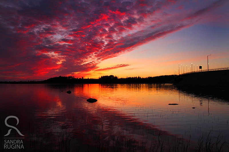 Dramatic sunset in Finland over a lake, surreal photo, print you can frame for your wall, 8in x 12in