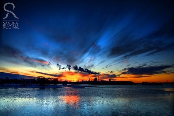 Beautiful sunset over the sea in Finland, factory smoke, 20cm x 30cm (8in x 12in) print you can frame for your wall