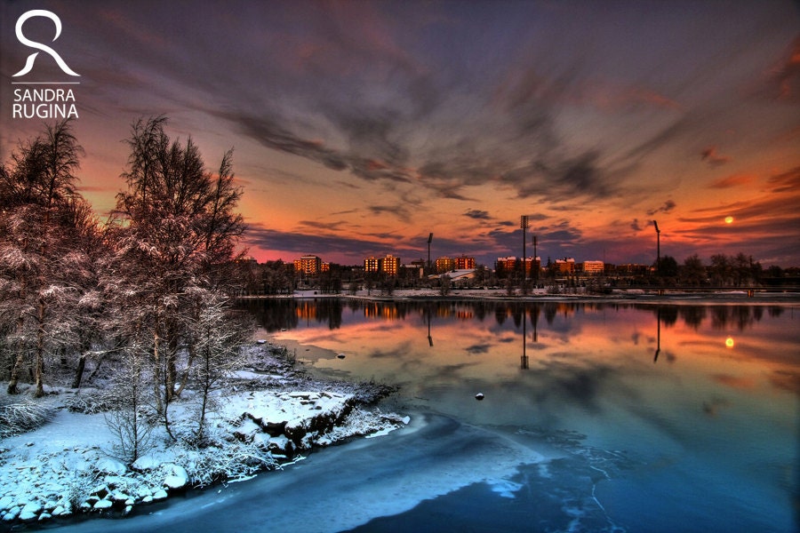 Red winter, surreal photo, red ice, frozen sea and city, print you can frame for your wall
