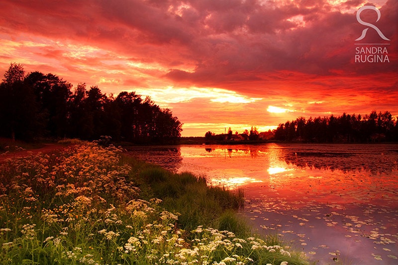 Dramatic sunset in Finland over a lake, surreal photo, print you can frame for your wall, 8in x 12in
