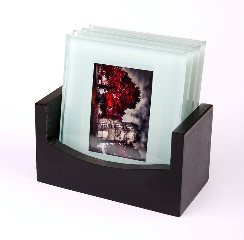 Set of 4 glass coasters with art photo prints, surreal red trees, Paris, artistic photography, with dark elegant wood holder