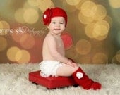 PHOTO PROP newborn red flower hat 6-12 m with legwarmers SET