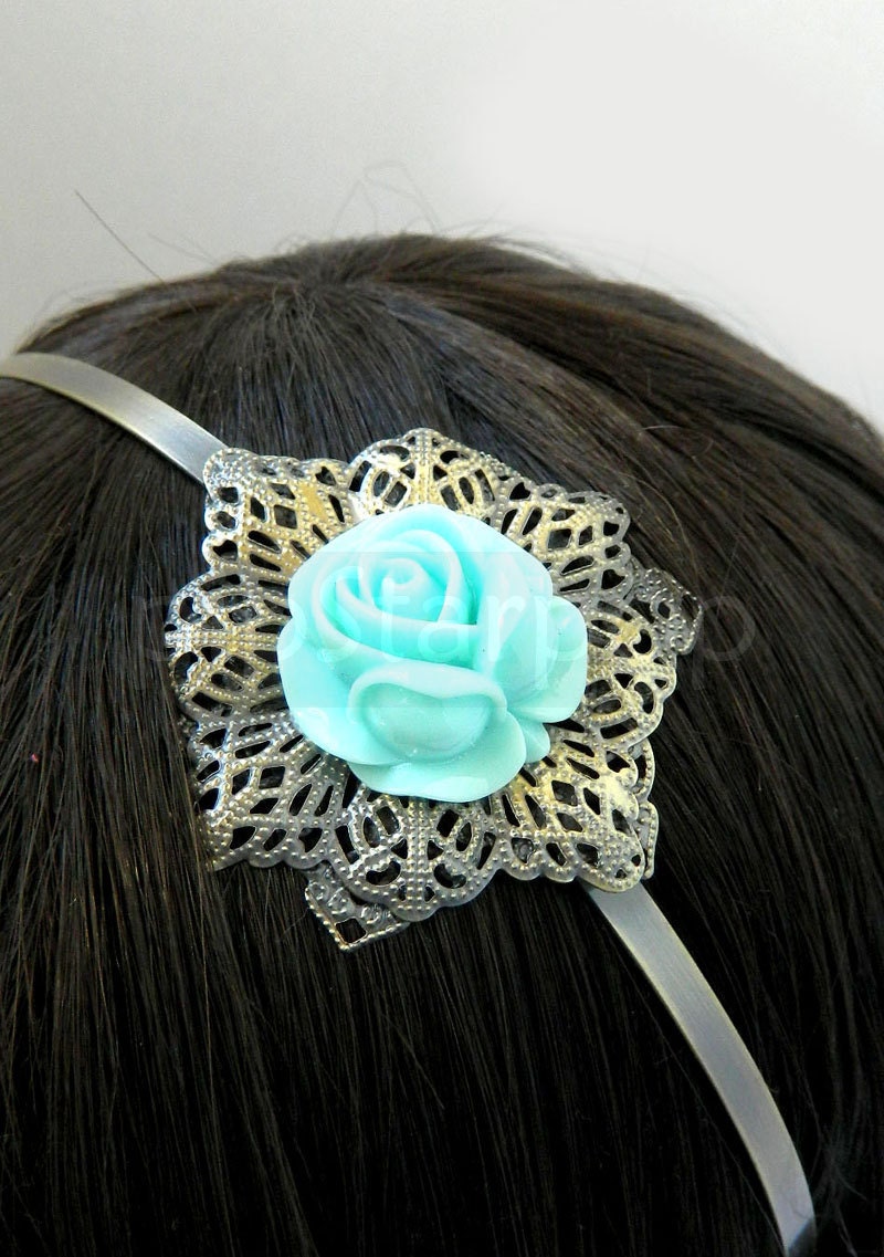 Victorian Bronze flower petal filigree headband with Large Seafoam Blue Rose Bloom Cabochon  - NeoClassical Accessories