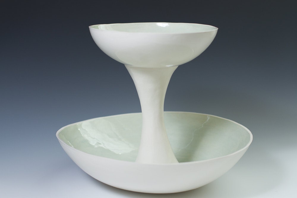Celadon and White 2 Tiered Pottery Fruit, Serving, Vase or Display Bowl Sculpture - Unique Event Serve Ware - ready to ship