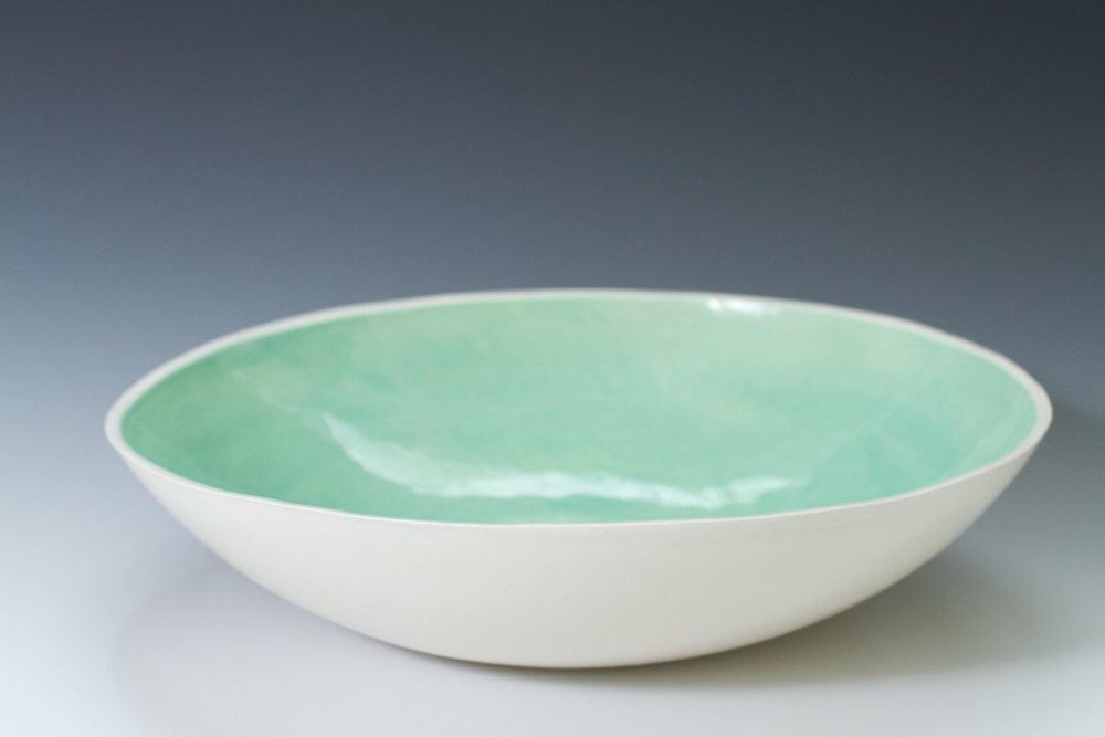 Large Turquoise and White Ceramic  Pottery Bowl for Serving, Fruit or Display 9 3/4 inches