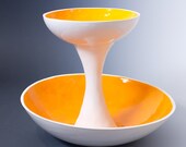 Orange and white 2 Tiered Fruit, Serving or Display Bowl Sculpture - Ceramic Pottery Bowls Great for Events and Wedding - ready to ship