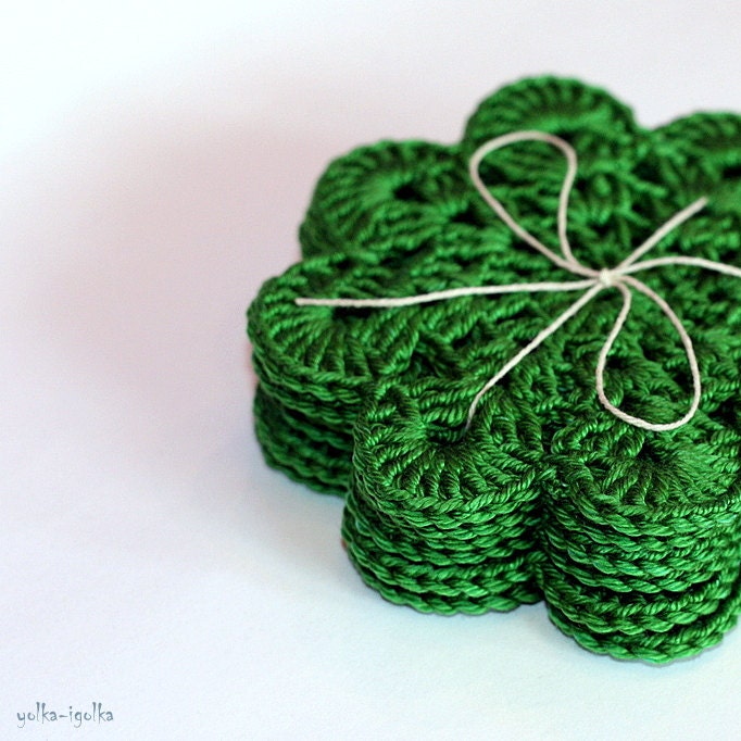 Crochet Coasters. Set of 6 pcs. Green. Placemat doilies. St Patricks Day.
