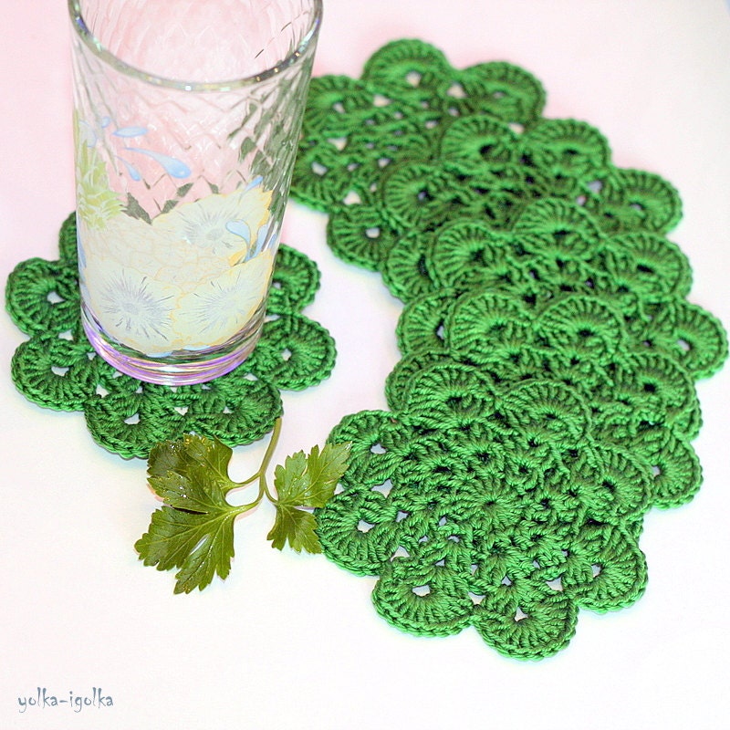 Crochet Coasters. Set of 6 pcs. Green. Placemat doilies. St Patricks Day.