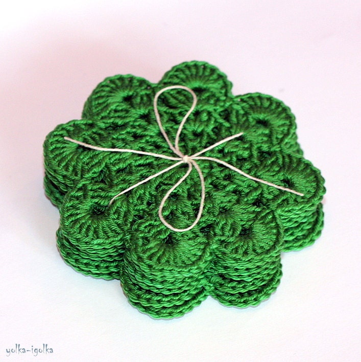 Crochet Coasters. Set of 6 pcs. Green. Placemat doilies. St Patricks Day.