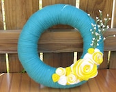 Sunny Side of Spring -Summer Wreath-Spring Decor-Door Decor- 12 inch Aqua Blue Yarn Felt Flower Spring Wreath