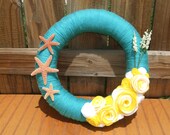 Sunny Aqua Beach--Summer Wreath-Spring Wreath-Door Decor-Beach Decor-- Aqua Yarn and Felt Flower Wreath