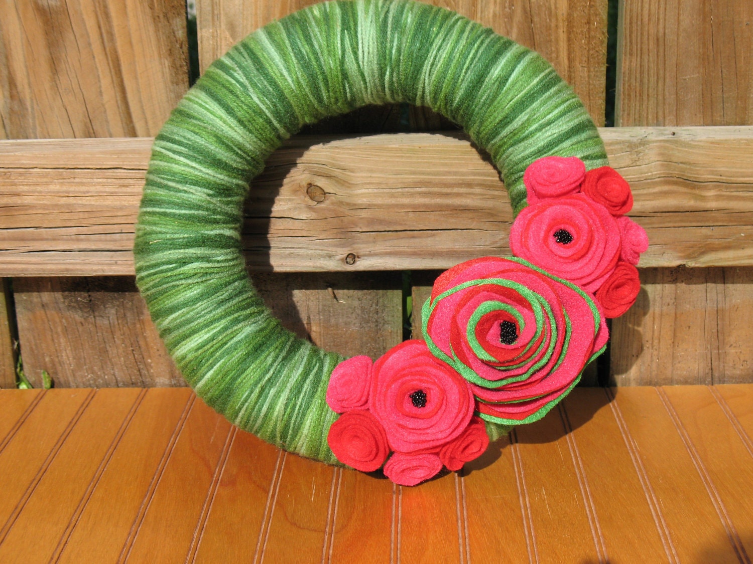 Summer Watermelon Garden Wreath-Summer Decor-  Green Yarn and Red and Pink Felt  Flower Wreath -- Fourth of July Wreath