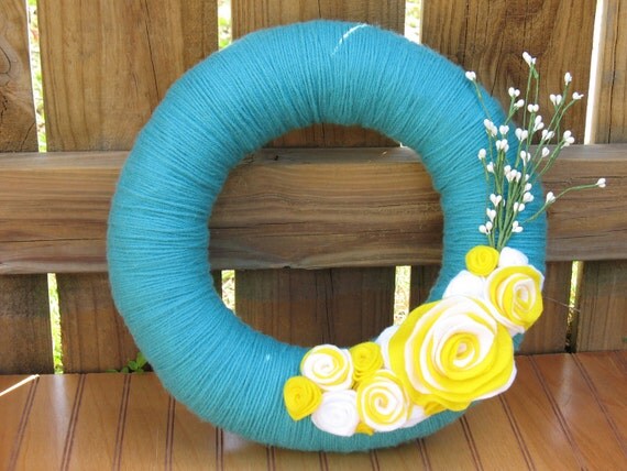 Sunny Side of Spring -Easter Wreath-Spring Decor- 12 inch Aqua Blue Yarn Felt Flower Spring Wreath