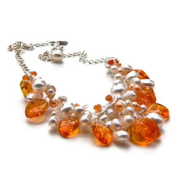 Orange Beaded Necklace,  Bib Necklace, Bridal Jewelry, Nature Inspired Jewelry