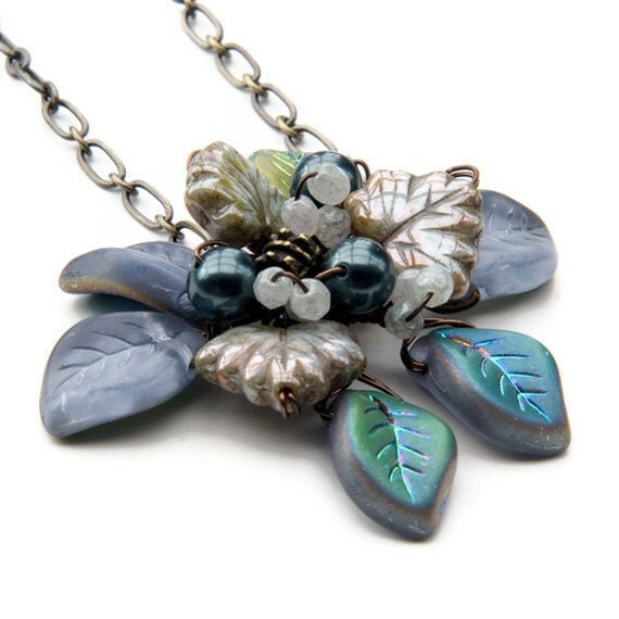 Teal Flower Necklace, Leaf Necklace, Nature Jewelry, Floral Jewelry
