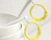 Pastel yellow hoop earrings, boho gypsy style dangling earrings made of ribbon and sequins