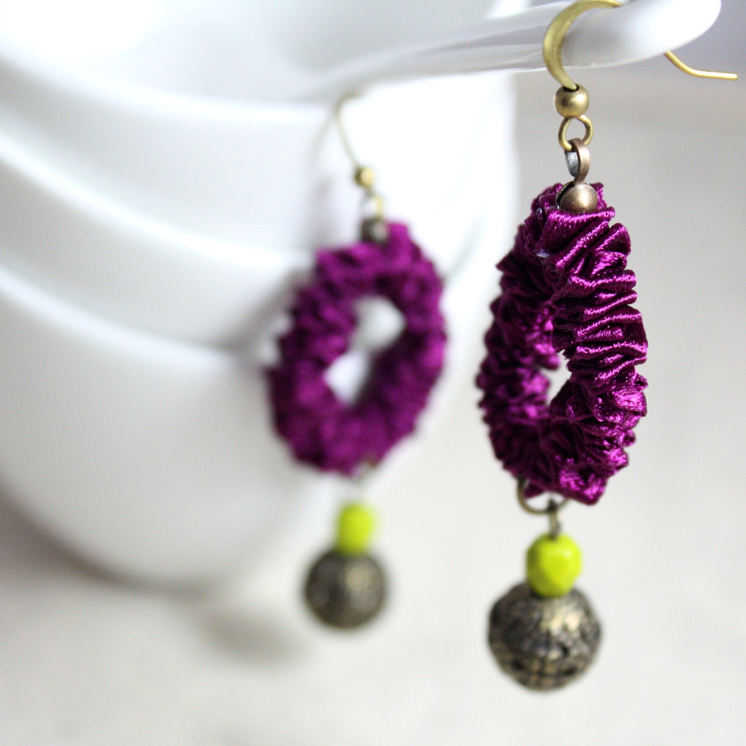 Handmade Boho chic style dangling earrings - phlox purple ruffled satin ribbon dangling earrings with lime green and bronze balls beads