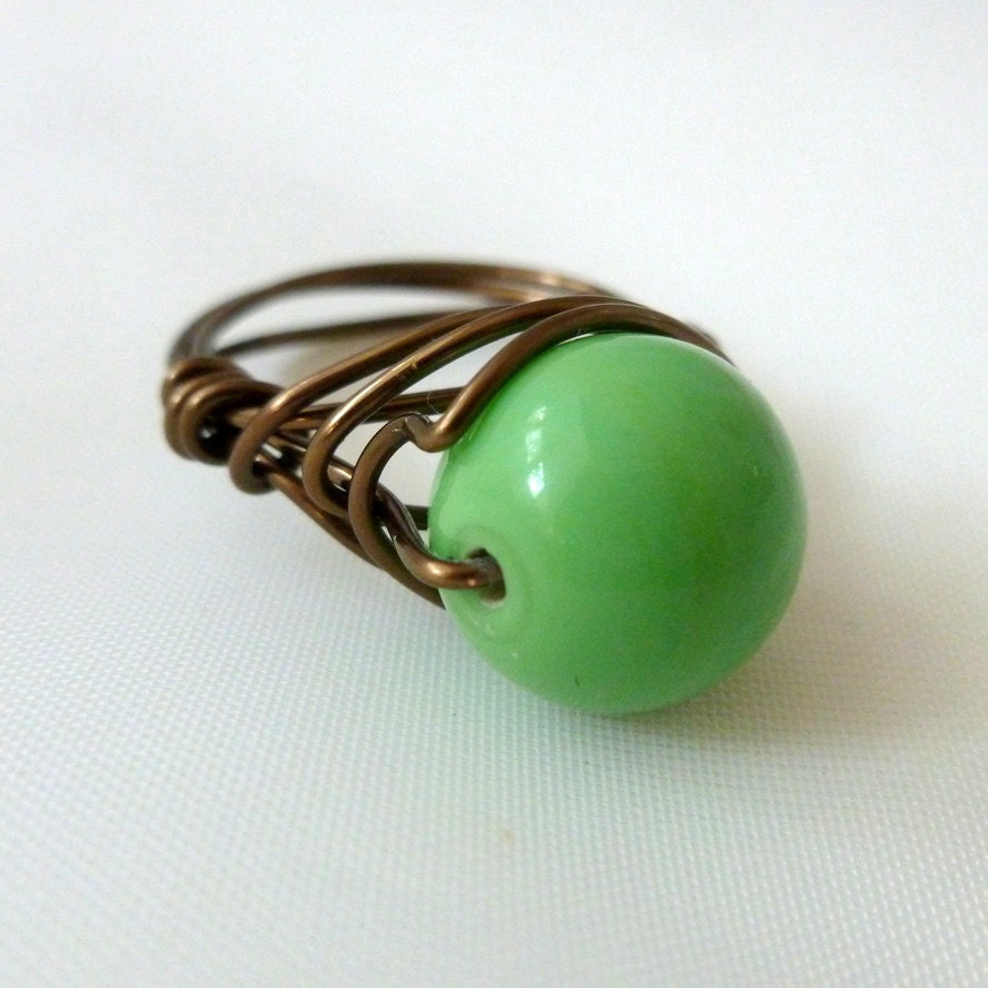 Lovely Lime  -  Wire Wrapped Bead Ring - Size 6.25 - READY to SHIP