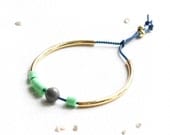 Mint/Cobalt Stacking Bangle: silver or gold mixed-media stackable tube bracelet / mint green, grey beads / sparkly blue elastic