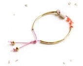 Coral/Pink Stacking Bangle: gold or silver mixed-media bracelet / coral beads, white marble, gray polymer, sparkly pink elastic