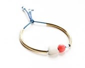 Coral/Cobalt Stacking Bangle: silver or gold mixed-media stretchy tube bracelet / coral bead, white marble, mint glass, blue elastic