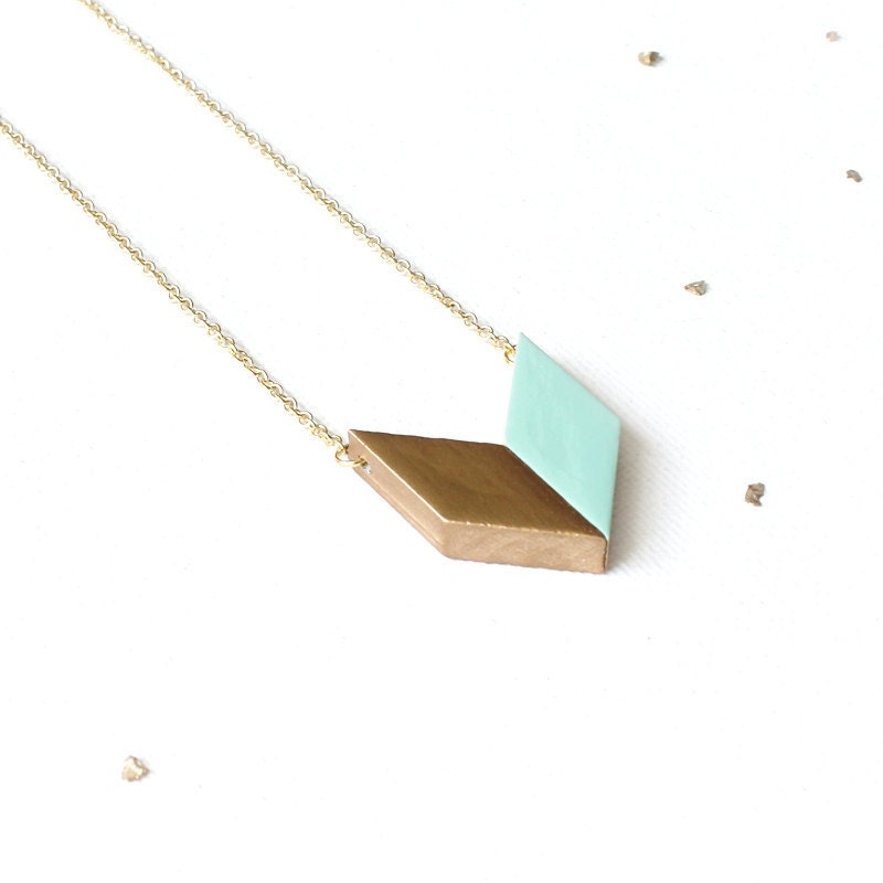 Gold & Mint Arrow Pendant / geometric wooden chevron pendant necklace in mint green, short gold chain - geometric jewelry - gift for her