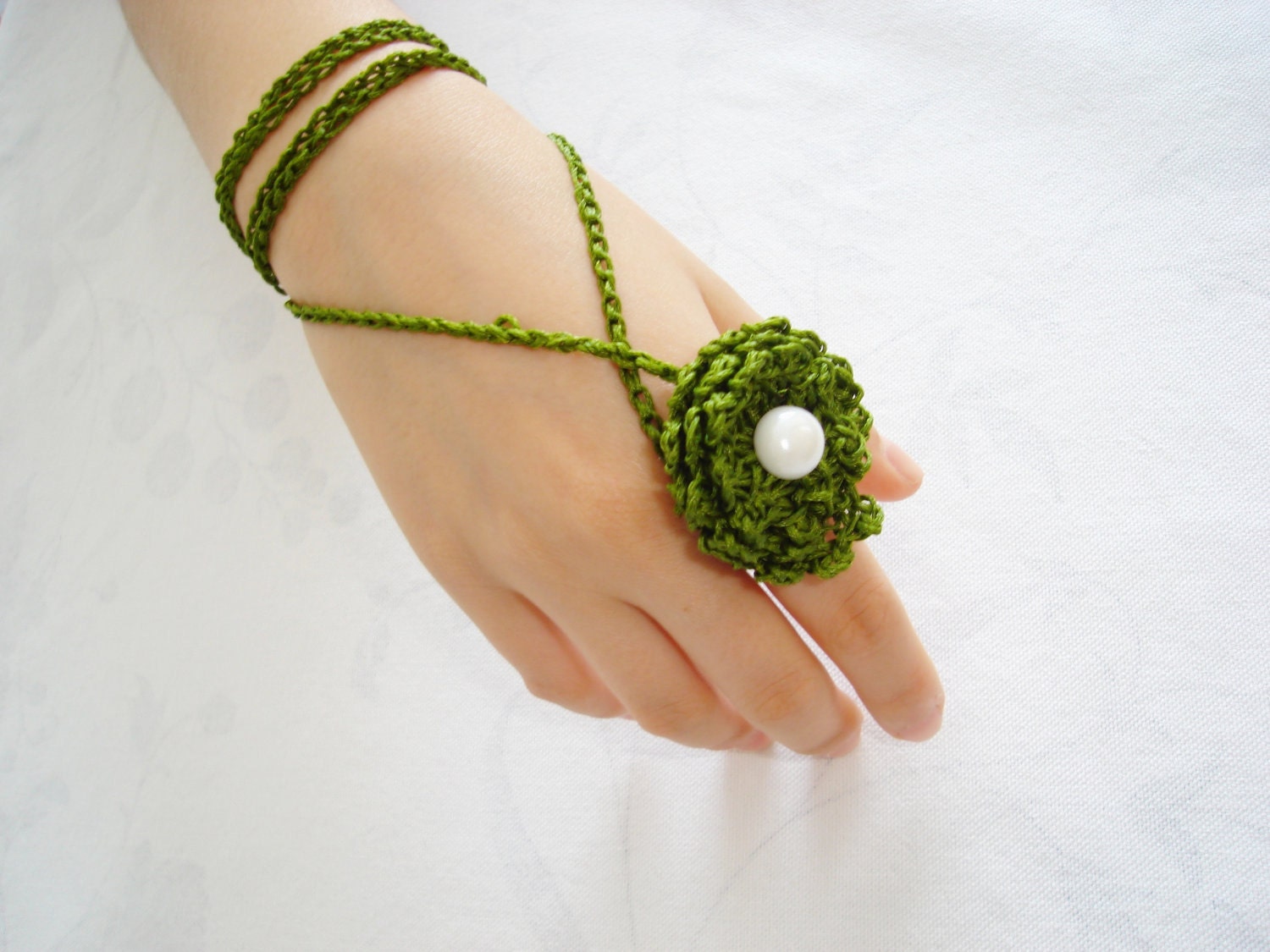 Two piece Crochet ring white pearl, bracelet, necklace, unique design,green ring.
