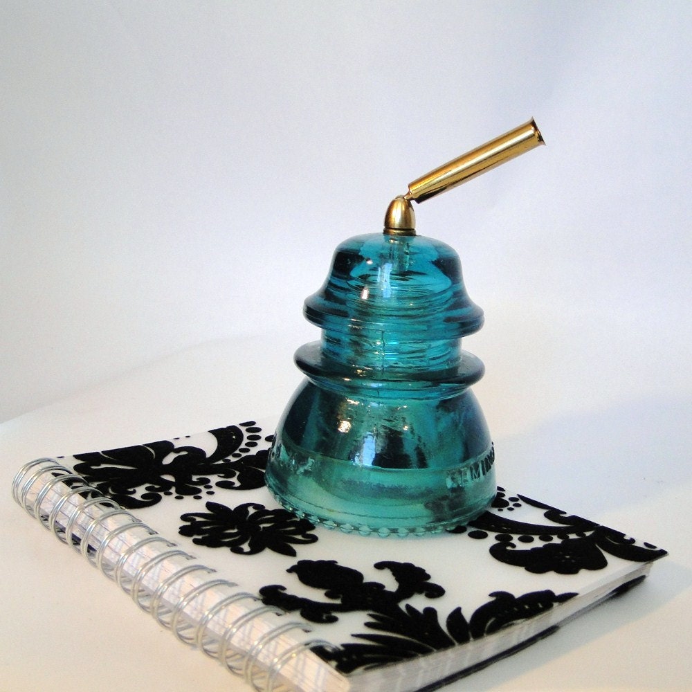 Vintage Hemingray 42 Telegraph Insulator Pen Holder Aqua Desk Accessory Paper Weight Conversation Piece