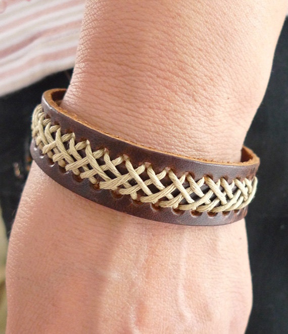 Brown leather with hemp woven cuff bracelets