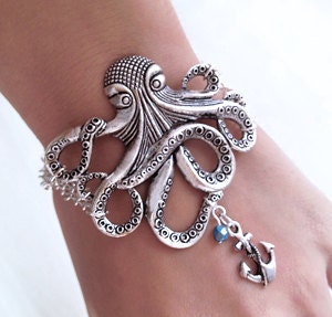 Silver Octopus with Anchor charm Bracelet -  Vintage Style Nautical Victorian Steampunk Large Lightweight Gothic Victorian