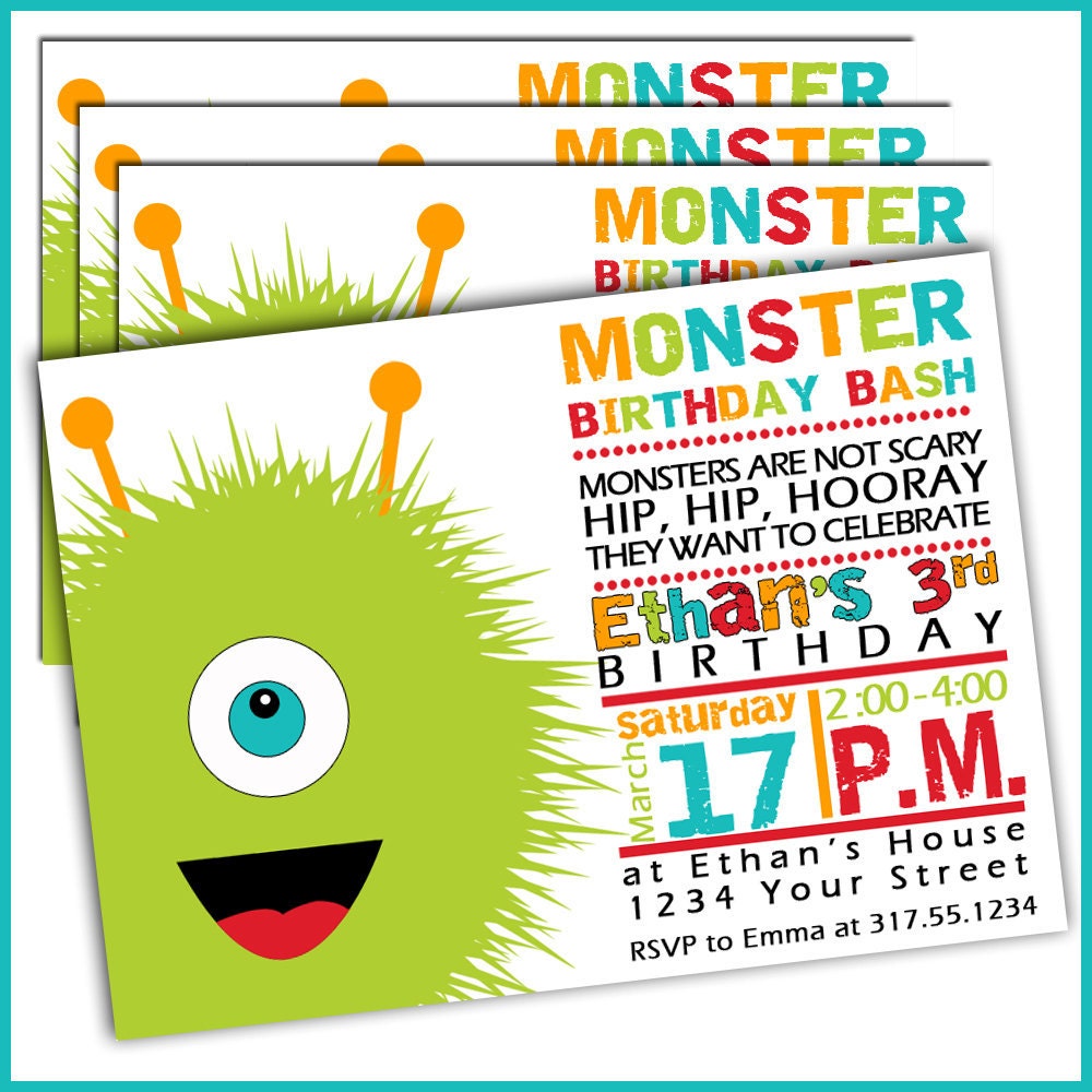 RESERVED for Erin - Monster Birthday Invitations for Boys- Set of 12 Monster Bash Birthday Invitations