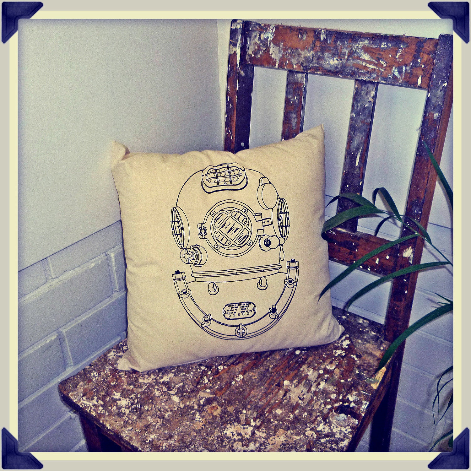 Screenprinted Diver's Helmet Cushion Nautical handmade tattoo alternative Wedding steampunk Blacklight