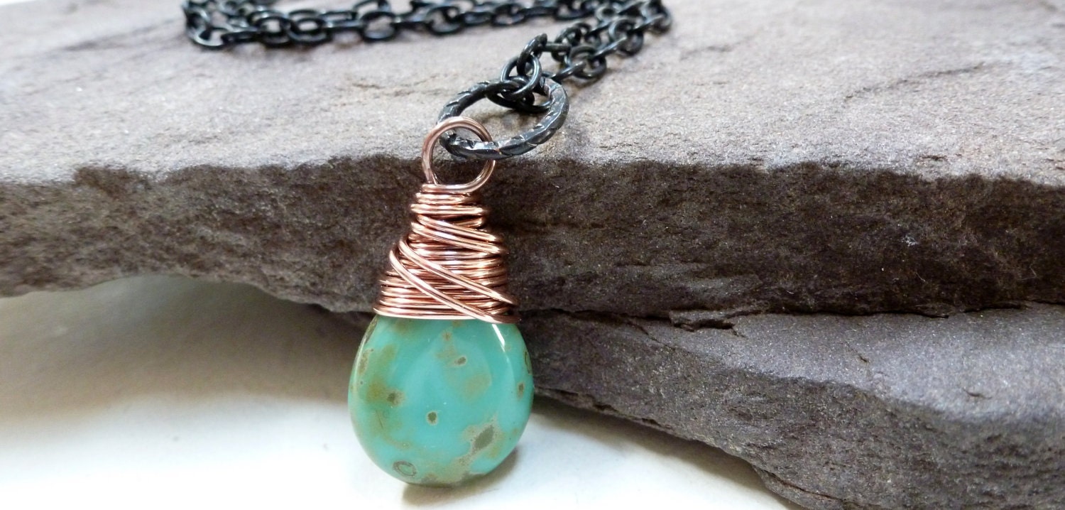 Turquoise Czech Glass Necklace / Copper Wire Wrapped Pendant / Dark Antique Brass / Mixed Metals / Rustic / SimplyJoli