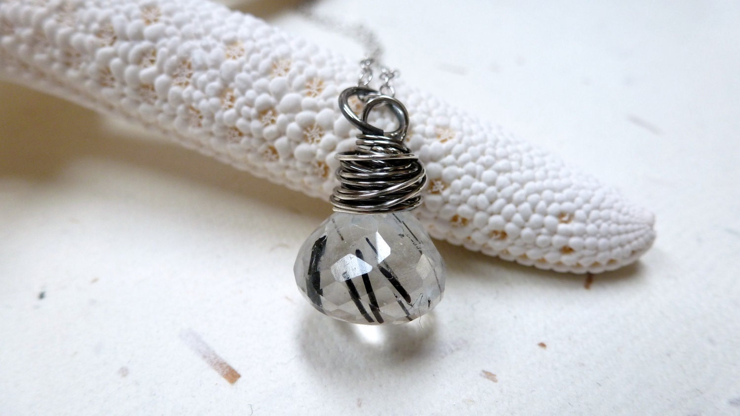 Tourmalinated Quartz Necklace / Faceted Gemstone / Sterling Silver / White & Black / SimplyJoli Fashion Pendant