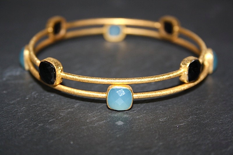 2 Semi precious and vermeil bangles, Semi precious stones and 18k gold sterling silver bracelets, Baie des Anges collection
