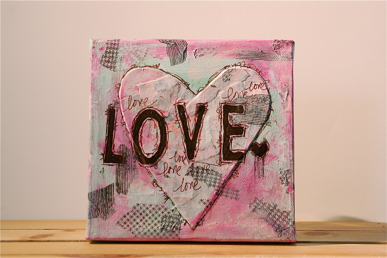 Mixed Media Original Canvas Art - 6x6 Valentines Day Love Heart Pink