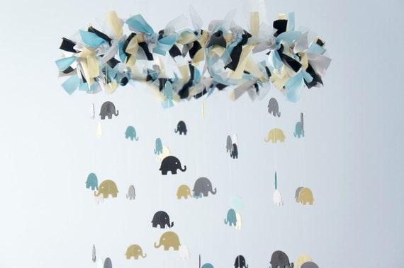 Blue Elephant Mobile for Baby Nursery in Blue Gray Yellow