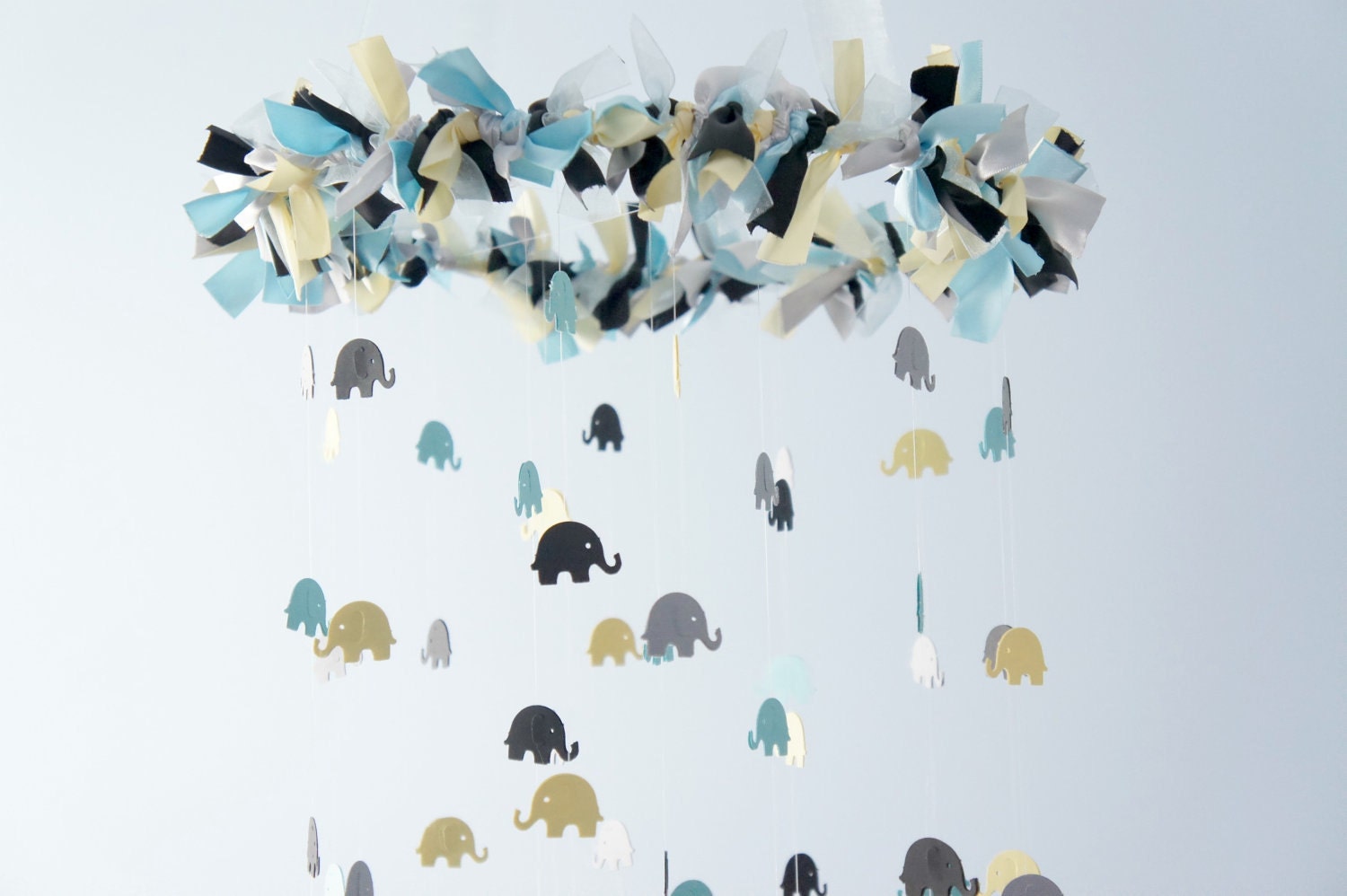 Blue Elephant Mobile for Baby Nursery in Blue Gray Yellow