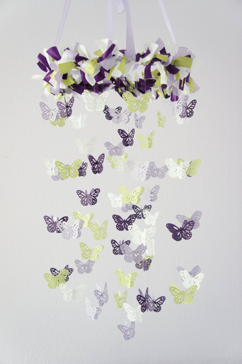 Butterfly Mobile in Purple Lavender Green & White- Photography Prop, Baby Shower Gift